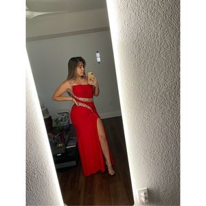Red High Slit Prom Dress with Accents
